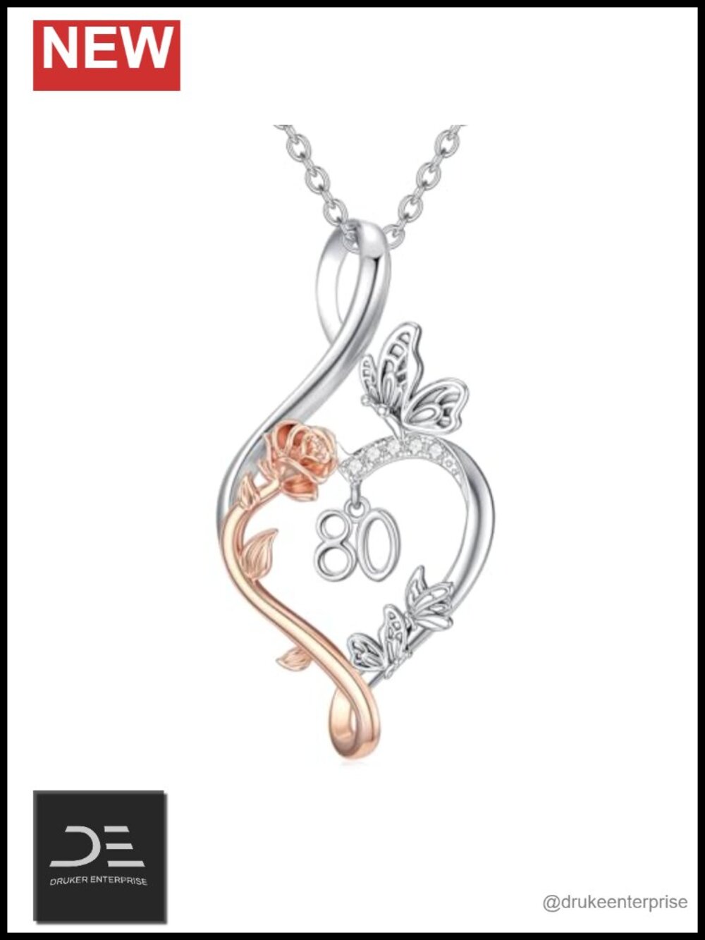 80th Birthday Gift Sterling Silver Rose Heart Butterfly Infinity Pendant